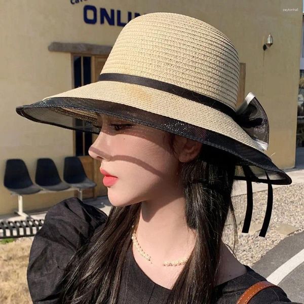 Sombreros de ala ancha Sombrero de paja simple Protección UV Grande para mujeres Viajes Vacaciones Playa Arco Pescador Sol Cubo Estilo coreano Gorra