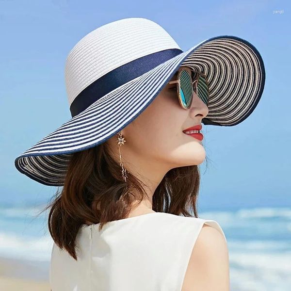 Sombreros de ala anchos rayas simples moda hepburn viento negro arco rayado rayado gat de verano