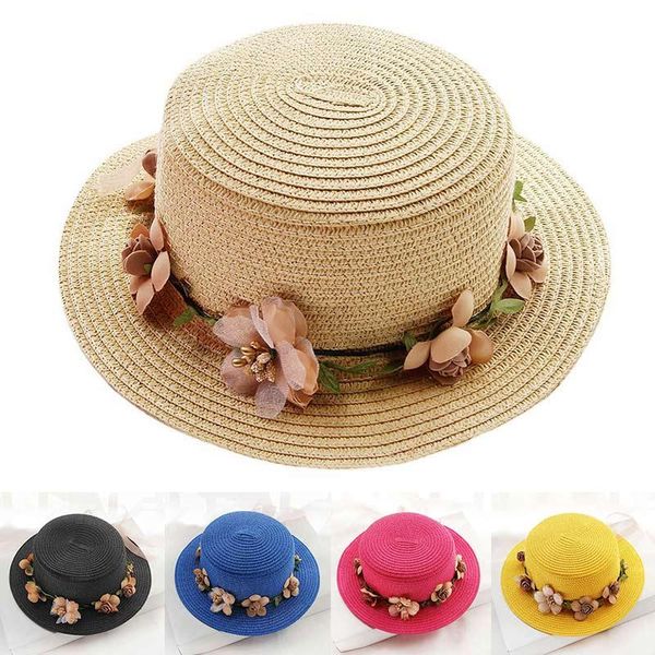 Chapeaux à larges bords Simple Summer Women's Sun Hat Bucket Cap Beige Lace Bowknot Flowers Ribbon Flat Top Straw Beach Caps Panama SunhatWide