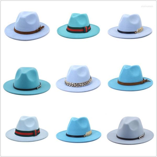 Chapeaux à large bord bleu ciel feutre de laine Jazz Fedora hommes femmes Sombrero Style britannique Trilby formel Panama casquettes robe Cowboy chapeau de soleil Elob22