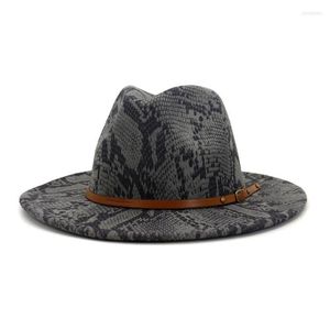 Chapeaux à large bord serpent motif Fedora chapeau hommes femmes laine artificielle mélange Simple hiver marron cuir ceinture décoration feutre Oliv22