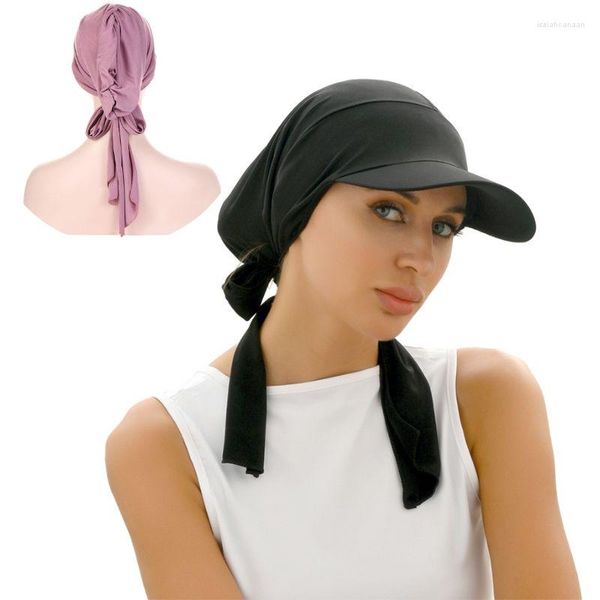 Chapeaux à large bord doux modal musulman turban chapeau femmes islamiques bonnet inde solide pare-soleil long ruban casquette femme chimiothérapie headwrap