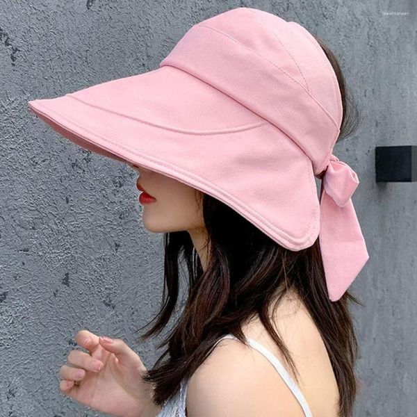 Chapeaux à large bord Chapeau de soleil solide Summer Femmes Visière Protection UV Bow Beach Jaune Dames Sunhat Pliable Gorro