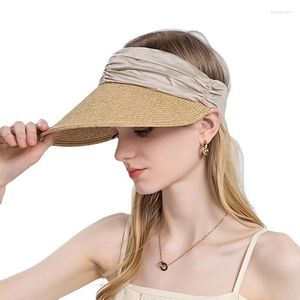 Chapeaux à large bord Sparsil été plage pour femmes haut vide parasol chapeau de paille élastique réglable extérieur rouler voyage pare-soleil