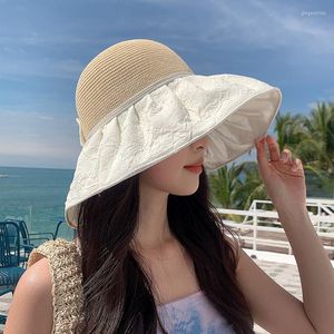 Brede rand hoeden sparsil dames zomer hoed uv protetor zonne stranduitje gebreide patchwork bowknot panama caps opvouwbare zon vizier