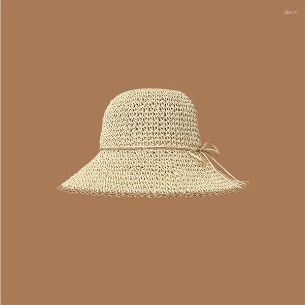 Sombreros de ala ancha Primavera y verano para mujer Sombrero de playa de cúpula hecho a mano de paja de papel para mujer con lazo simple