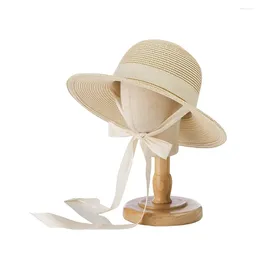Chapeaux à large bord printemps et été haut rond Eaf chapeau de paille pare-soleil pour enfants tourisme de plein air vacances crème solaire avec sangle