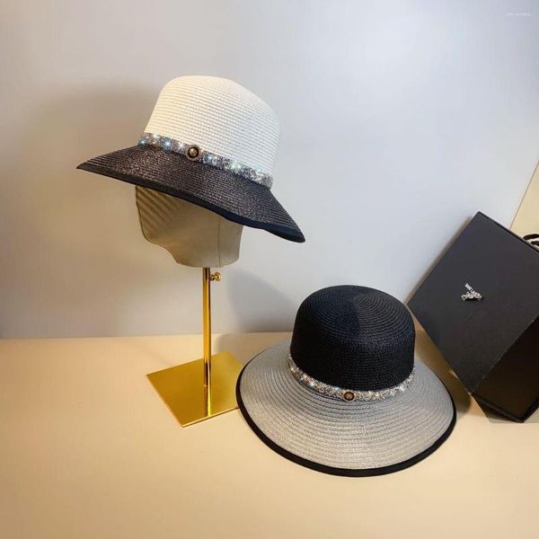 Sombreros anchos Sombreros de primavera y verano Sombrero de paja para mujeres Borde de diamante de agua brillante