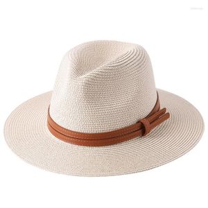 Brede rand hoeden lente zomer opvouwbare stro hoed vrouwen elegant lederen riem vizier panama cap vrouwelijk jazz eenvoudige outdoor sun strand top 263o
