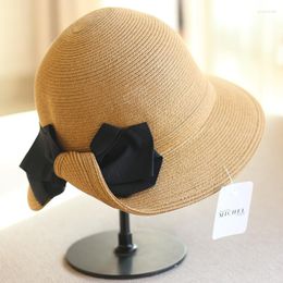 Brede rand hoeden lente/zomer rietje met boog knoop dames Japanse casual emmer retro elegante fedoras mode vouwbare zon