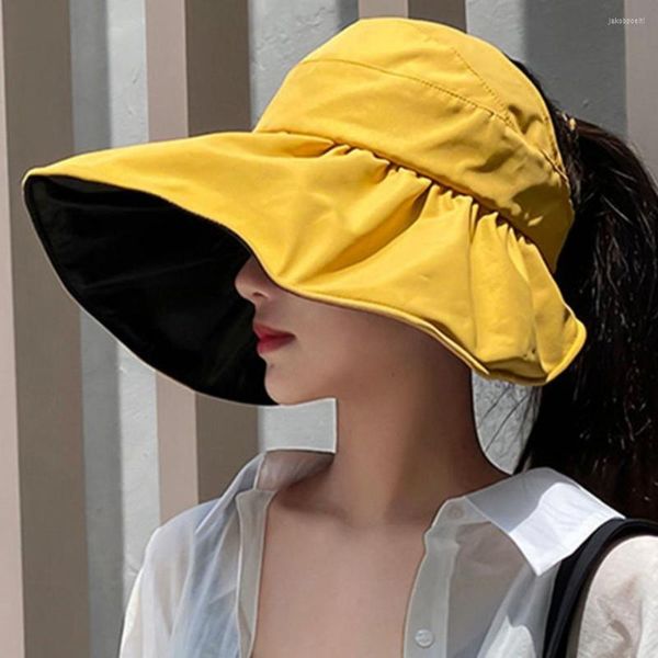 Sombreros de ala ancha para primavera y verano, sombrero de cubo amarillo para mujer, lazos de Color sólido, ajustable, de algodón, para exteriores, sol, playa, gorras de Panamá plegables para mujer