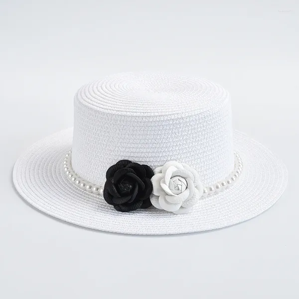 Sombreros de ala ancha Paja para mujeres Estilo francés Vacaciones elegantes Boater Hat Verano Flat Top Beach Sun Gorro