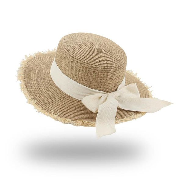 Chapeaux à large bord Chapeau de paille pour femmes Plage Plat Big Bowknot Bande élégante Protection solaire Kaki Blanc Été Sombreros De MujerWide