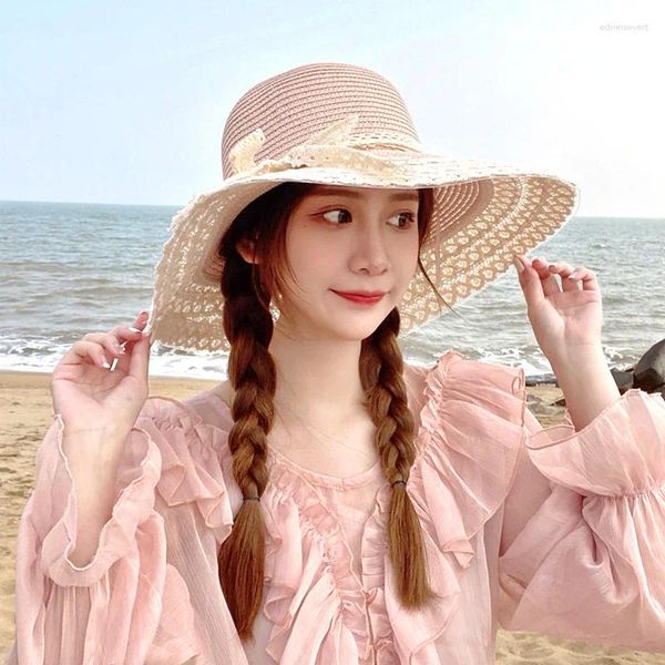 Sombreros de ala ancha Sombrero de paja Decoración de encaje Bowknot Sol elegante para mujeres Niñas Viajes de verano Playa Protector solar UV Tapas