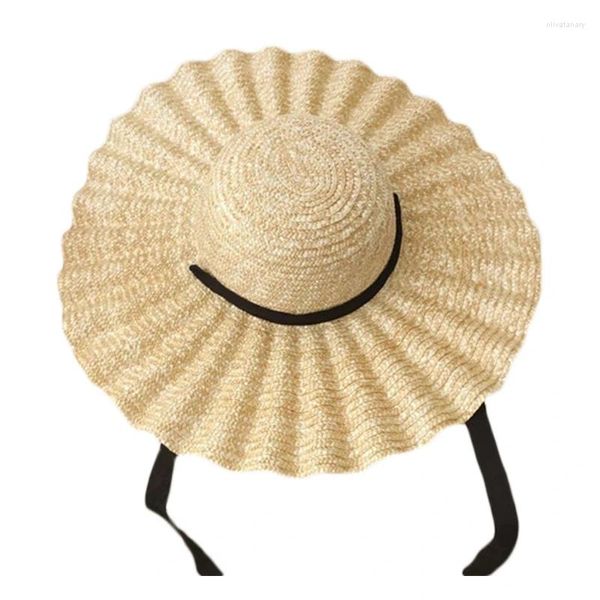 Chapeaux à bord large chapeau de paille avec motif ondulé en ruban pour protection solaire à la plage extérieure sunhat été