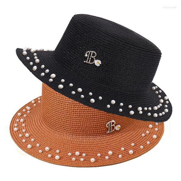 Sombreros de ala ancha Sombrero de paja Mujeres Damas Sun Boater Flat Pearl Retro Sombrilla Viaje Playa Chapeu Feminin Elob22