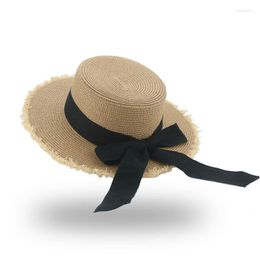 Sombreros de ala ancha, sombrero de paja para mujer, protección solar, playa, cinta blanca y negra, gorra con lazo, Top plano informal para mujer, Panamá