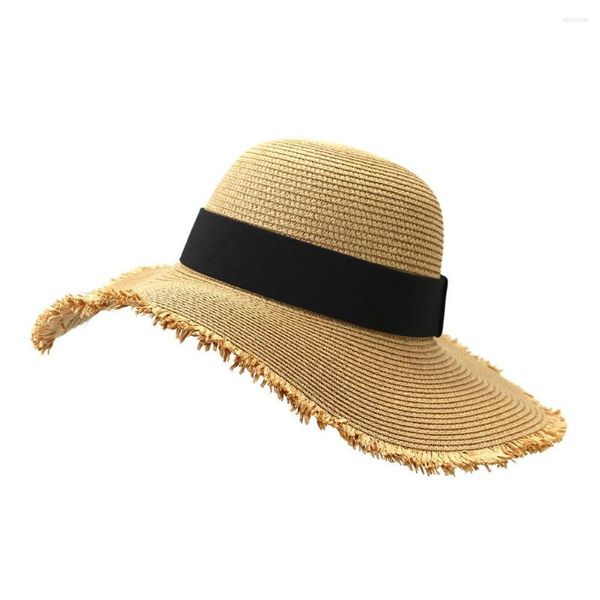 Chapeaux à large bord Chapeau de paille Femmes Protection solaire Plage Noir Blanc Ruban Ceinture Casquette Casual Dames Plat Top Panama