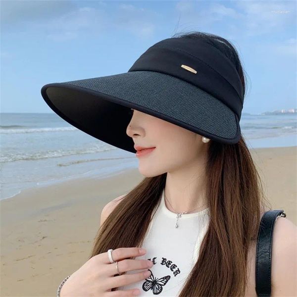 Sombreros de ala ancha Sombrero de sol tejido de paja para mujeres Verano Pegamento negro A prueba de rayos UV Cara grande Slenderizing Hollow-Top Estilo a prueba de sol