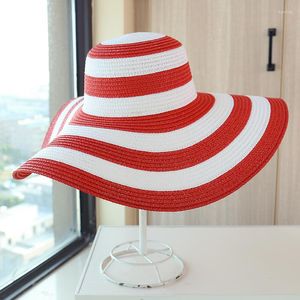 Chapeaux à large bord rayé chapeau de plage parasol grande paille femmes été pliable crème solaire casquette de soleil bord de mer vacances en gros
