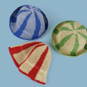 Chapeaux à large bord rayé plage chapeau de paille dames main Crochet été seau extérieur pliable UPF 50 Panama chapeau de soleil vacances pêche