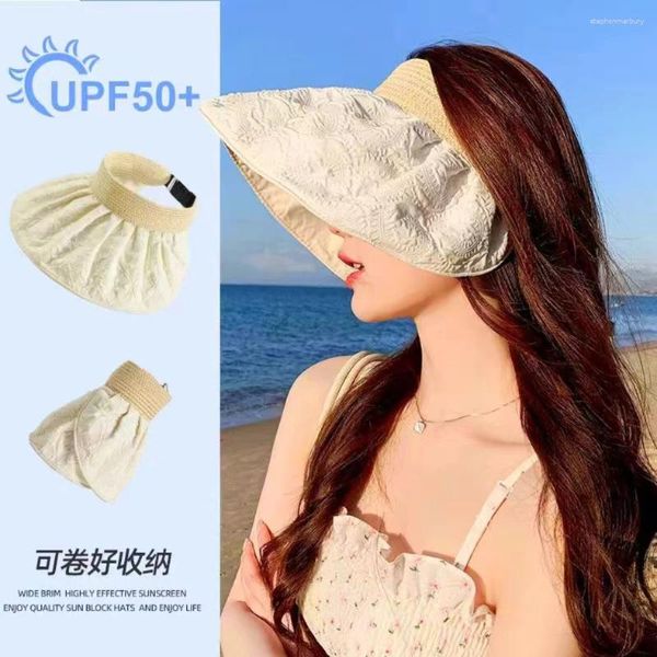 Chapeaux à large bord Summer 2024 Sunblock Chapeau Femme Big EAE Couverture Visage avec bandeau extérieur Vide Top Shell