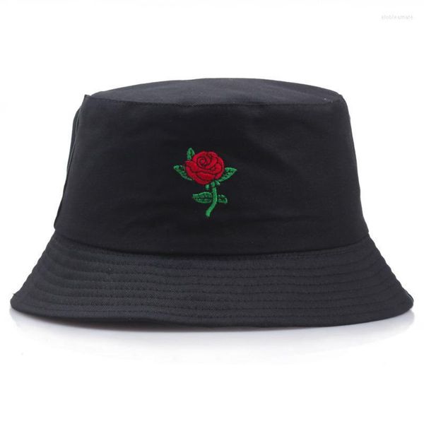 Chapeaux larges chapeaux d'été 4 couleurs brodées rose seau chapeau pour hommes et femmes pare-soleil plat haut Panama pêcheur casquettes romantique Harajuku Elo