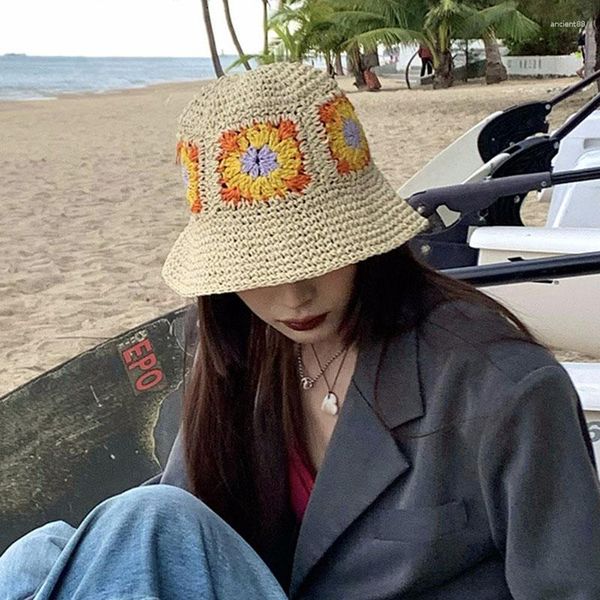 Sombreros de ala ancha Playa de verano Sombrero de paja coreano Mujeres Visera Cubo Pescador Tejido a mano Panamá Chica Pesca Chapeau Sol para