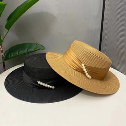 Chapeaux à bord large paille de plage d'été pour femmes Visor Caps ajustés Jazz Travel Pearl Femme Casual Panama Chapeau Suncap Headswear