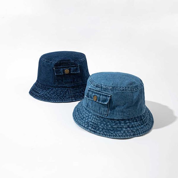 Sombreros de ala ancha verano azul denim sombreros de cubo para mujeres hombres denim diseño de bolsillo único panama gorras al aire libre plegable bob pescador sombrero niñas niños g230224