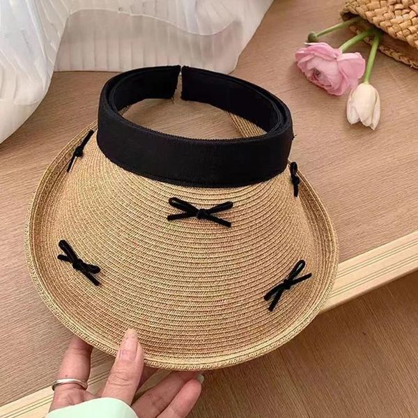 Sombreros de ala ancha Sombrero de paja Kont de verano Tejido abierto con protector solar UV grande para mujeres para vacaciones en la playa Gorra coreana Y2k