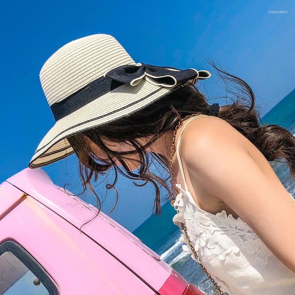 Sombreros de ala ancha, sombrero de paja tejido con lazo de verano, protección solar femenina junto al mar, playa, viaje de estilo coreano