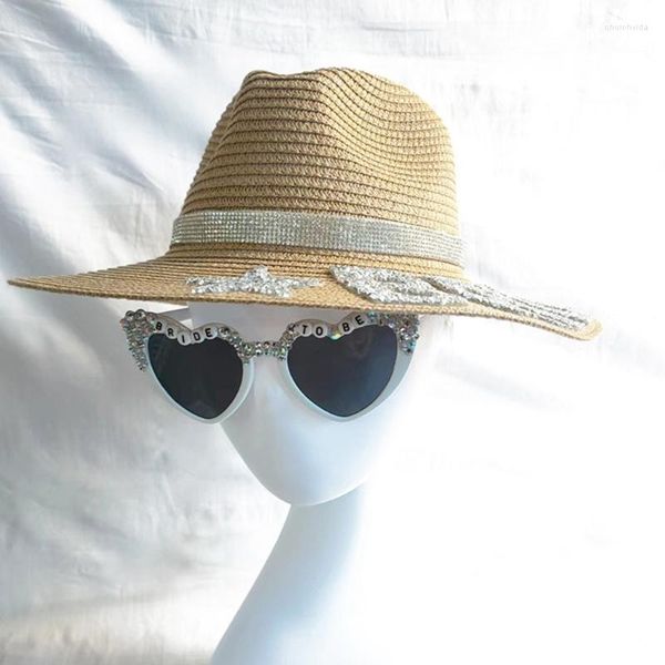 Sombreros de ala ancha, sombrero tejido de paja para novia de verano, Po de boda con decoraciones de diamantes de imitación, mujer al aire libre para despedida de soltera, venta al por mayor