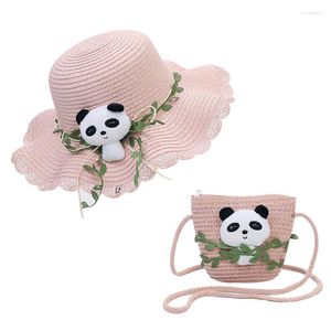Brede rand hoeden zomer kind schattig panda blad stro strand hoed schoudertas set outdoor schaduw zonnebrandcrème ademend