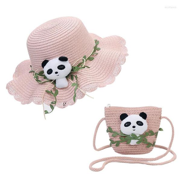 Chapeaux à large bord été enfant mignon Panda feuille paille plage chapeau sac à bandoulière ensemble extérieur ombre crème solaire respirant