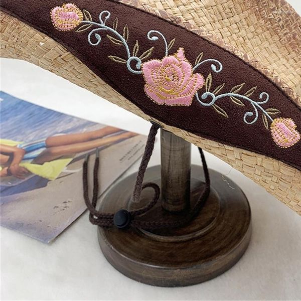 Sombreros de ala ancha Sombrero rizado de verano Tejido de paja Adolescentes Mujeres Gorra Manual Vacaciones en la playa con gota de flores bordadas