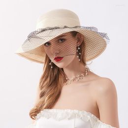 Chapeaux à large bord d'été avant-toit chapeau de paille femmes bassin dame fleur filet fil crème solaire parasol casquette vacances plage visière casquettes H6507