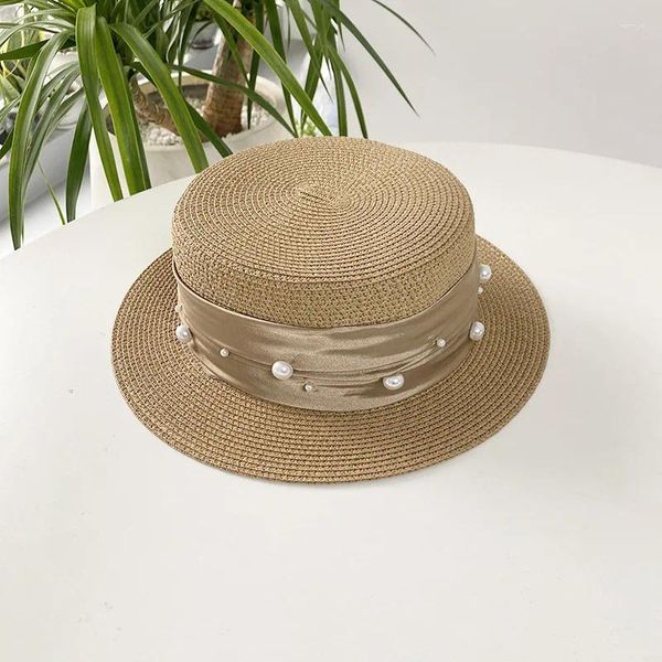 Sombreros de borde anchos verano elegante gat de nave retro mujer mujer plana top de paja