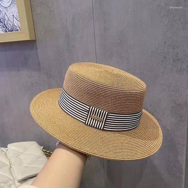 Sombreros de ala ancha para mujer, sombrero de paja con parte superior plana Retro elegante de verano, para viaje, a la moda, con lazo a rayas, para el sol, al aire libre, Anti-UV, transpirable, para la playa
