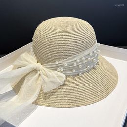 Sombreros de ala anchos verano elegante paja encaje de encaje de perla sombrero sombreado de sombreado hembra bowknot francés grande pescador