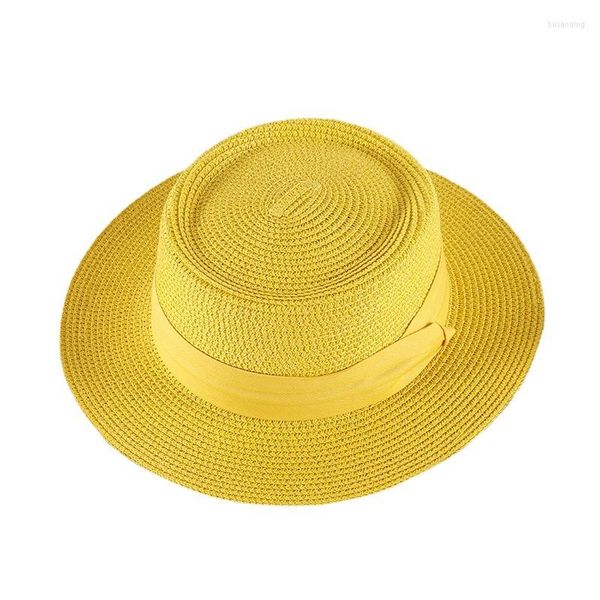 Sombreros de ala ancha para mujer, sombrero de paja con anillo a la moda de verano, playa plana, Color sólido, vacaciones, sol, venta al por mayor