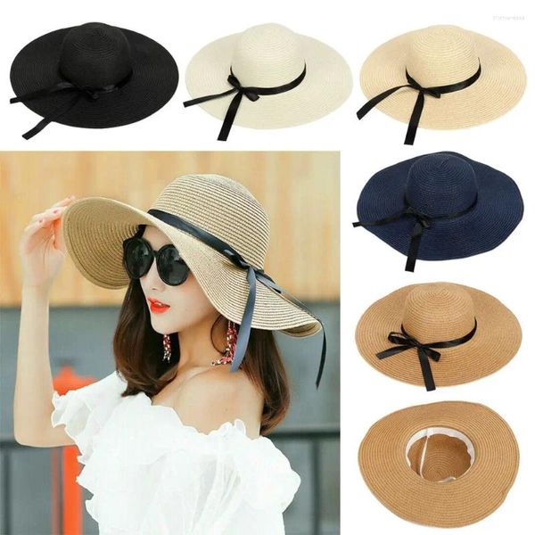 Sombreros de ala ancha Sombrero de playa de paja grande plegable de verano Gorra con lazo para el sol