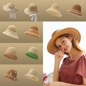 Brede rand hoeden zomer vouwstro hoed buiten strand zon voor vrouwen stevige kleur emmer grote UV -beveiligingsdop
