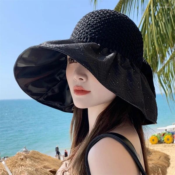 Chapeaux à large bord été pour femmes mode grand chapeau de soleil dames crème solaire pliable haut vide anti-uv