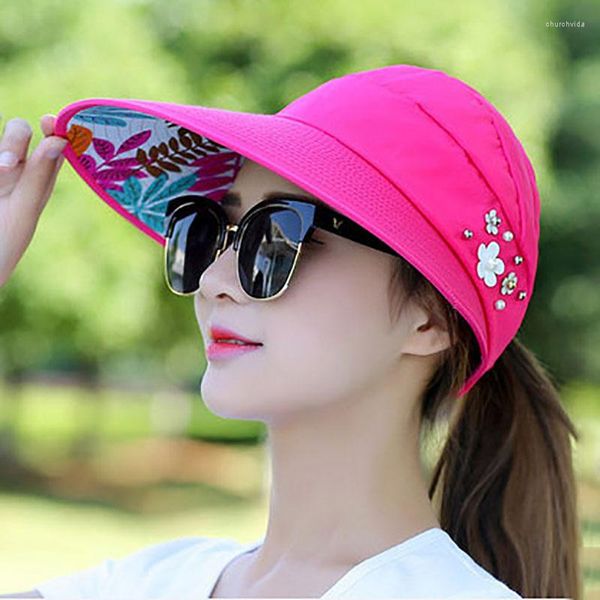 Sombreros de ala ancha de verano para mujer, sombrero plegable para el sol, visera de flores de perlas, gorra flexible para mujer, gorra de béisbol informal para playa al aire libre