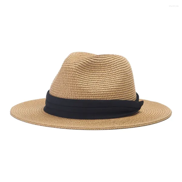 Large Brim Chapeaux Été Pour Femmes Simple Mode Paille Sangle Jazz Voyage En Plein Air Pare-Soleil Protection Solaire Panama Cap Shopping Bord De Mer