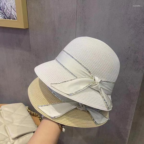 Sombreros de ala ancha, sombrero de paja estilo Hepburn francés de verano para mujer, gorra elegante con lazo flexible para el sol, plegable, 2023, Anti-UV, para viajes y playa