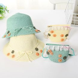 Sombreros de ala ancha, conjunto de bolsa de sombrero de paja para niña de verano, para niños, al aire libre, transpirable, flor de playa, dulce princesa, sol costero SHT012