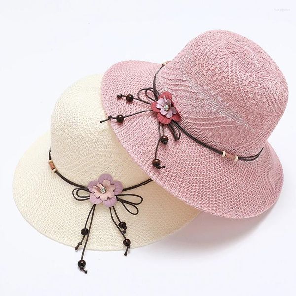 Wide Brim Hats Summer Girls Beach Sun Bow Fleurs mignon Bowknot Outdoor Protection Femmes Capuche de paille