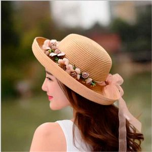 Sombreros de ala ancha Verano Flor hecha a mano Sombrero de paja Guirnalda de mujer Sunbonnet Bucket Hat Roll-up Hem Beach Cap Sun Hat para mujeres J230301